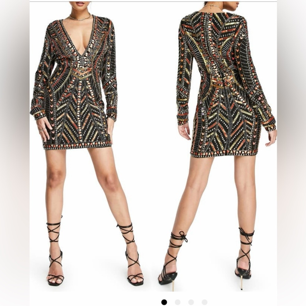 ASOS Black and Gold Embellished Long Sleeve Mini Dress Size 10